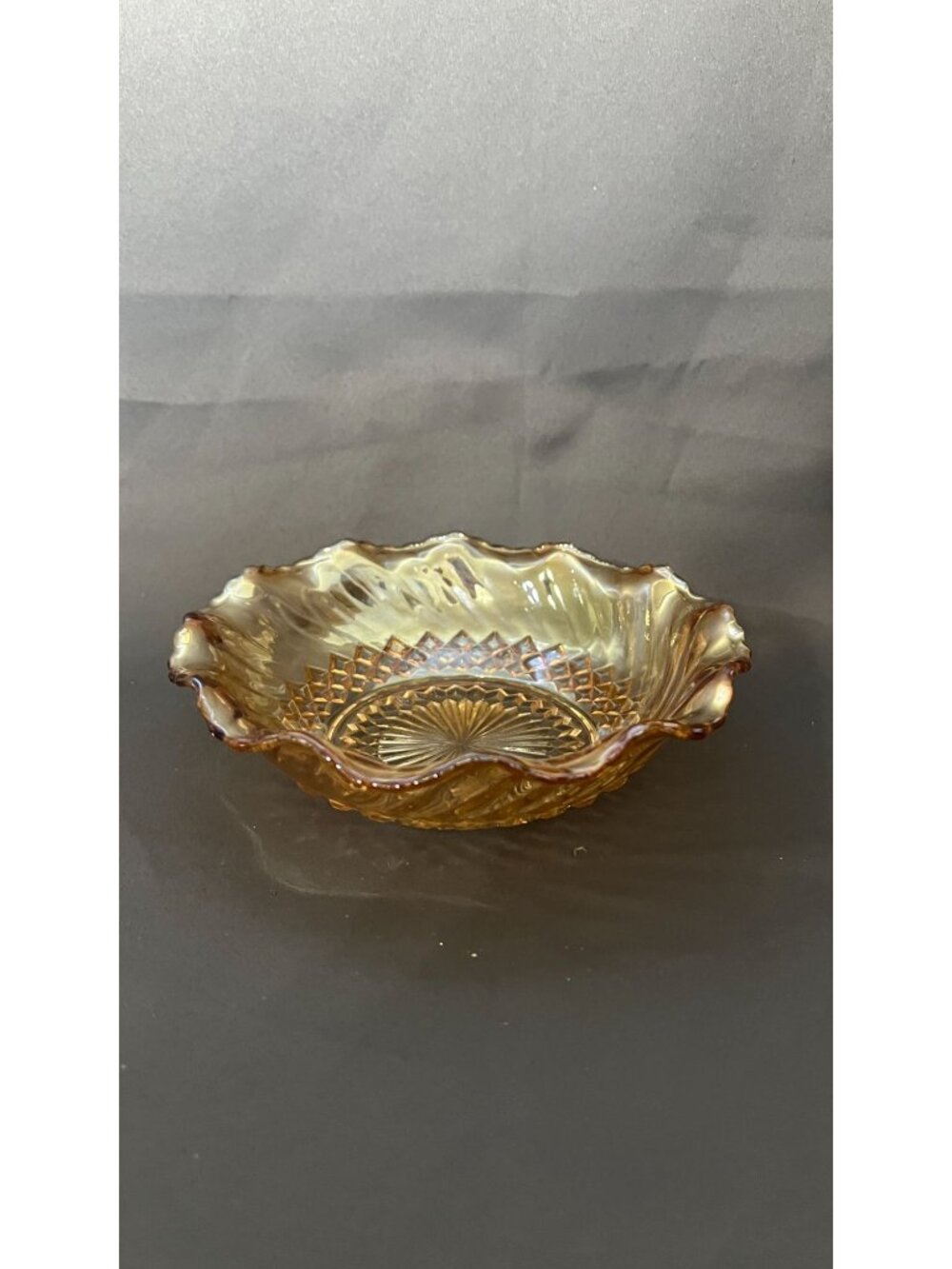 Vintage Amber Carnival Glass Bowl With Scalloped Edges 7" Diameter